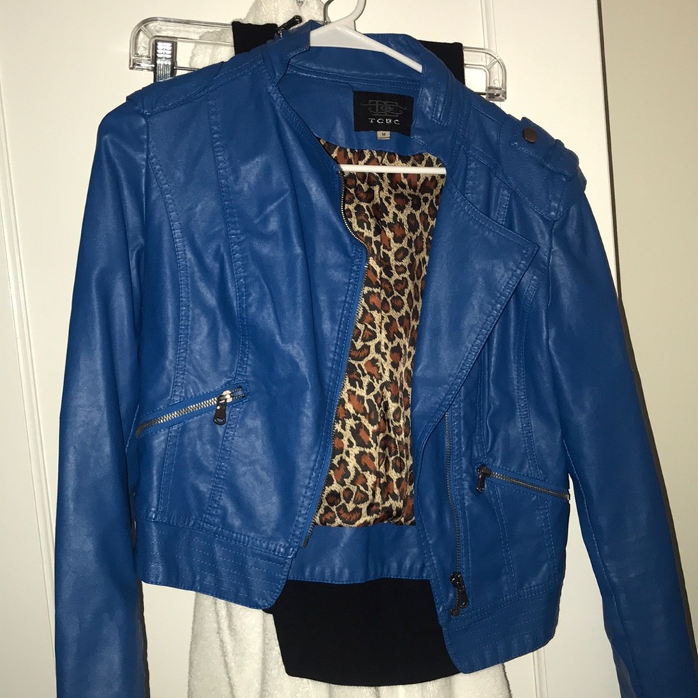 Bright blue leather jacket